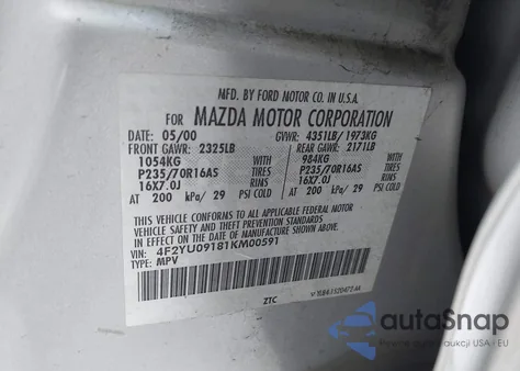 2001 Mazda Tribute Es V6/Lx V6 from USA, damaged, VIN 4F2YU09181KM00591
